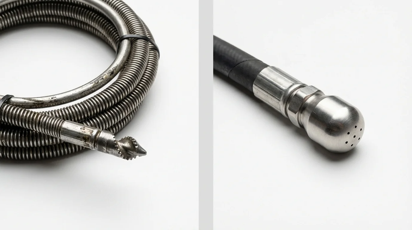 Drain snake cable and hydro jetting nozzle used for drain cleaning in Mayville, WI