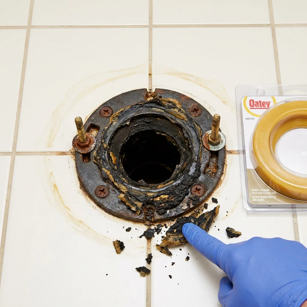 Failed wax ring showing water seepage at the base of a toilet in a Mayville, WI home