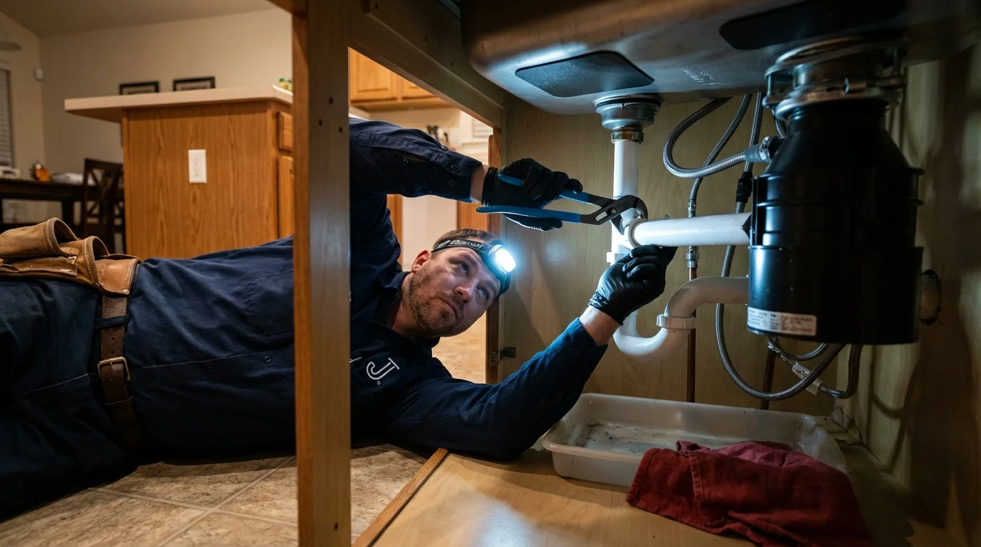 P-trap and supply line connections under a kitchen sink showing a common leak point in Mayville, WI